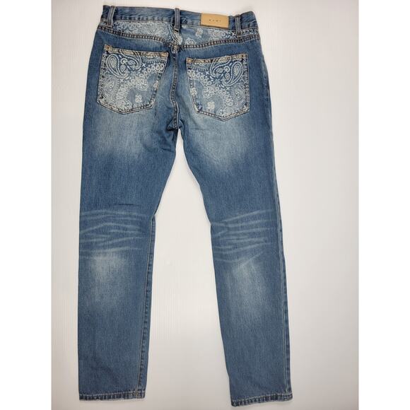 mnml Paisley Print‎ Blue Denim Mens 32 Slim Straight Western Jeans - Picture 2 of 8